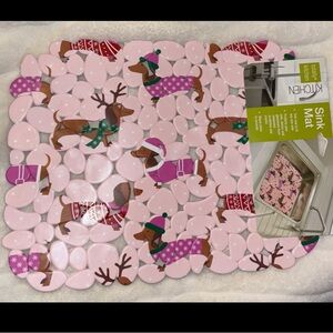 Dachshund Holiday Kitchen Sink Mat with Pink and Brown Design